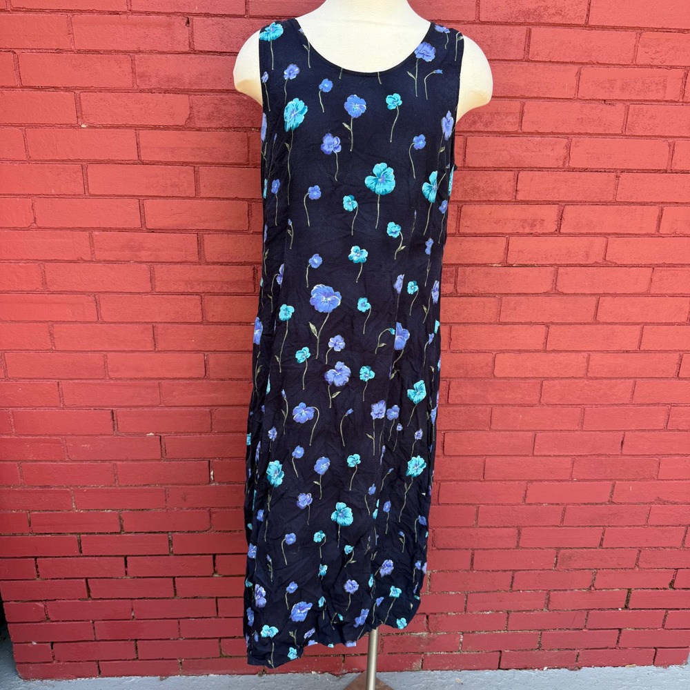Vtg 90s Floral Rayon Sleeveless Midi Dress 12 Pansyโ Print Cottage Whimsy Fairy